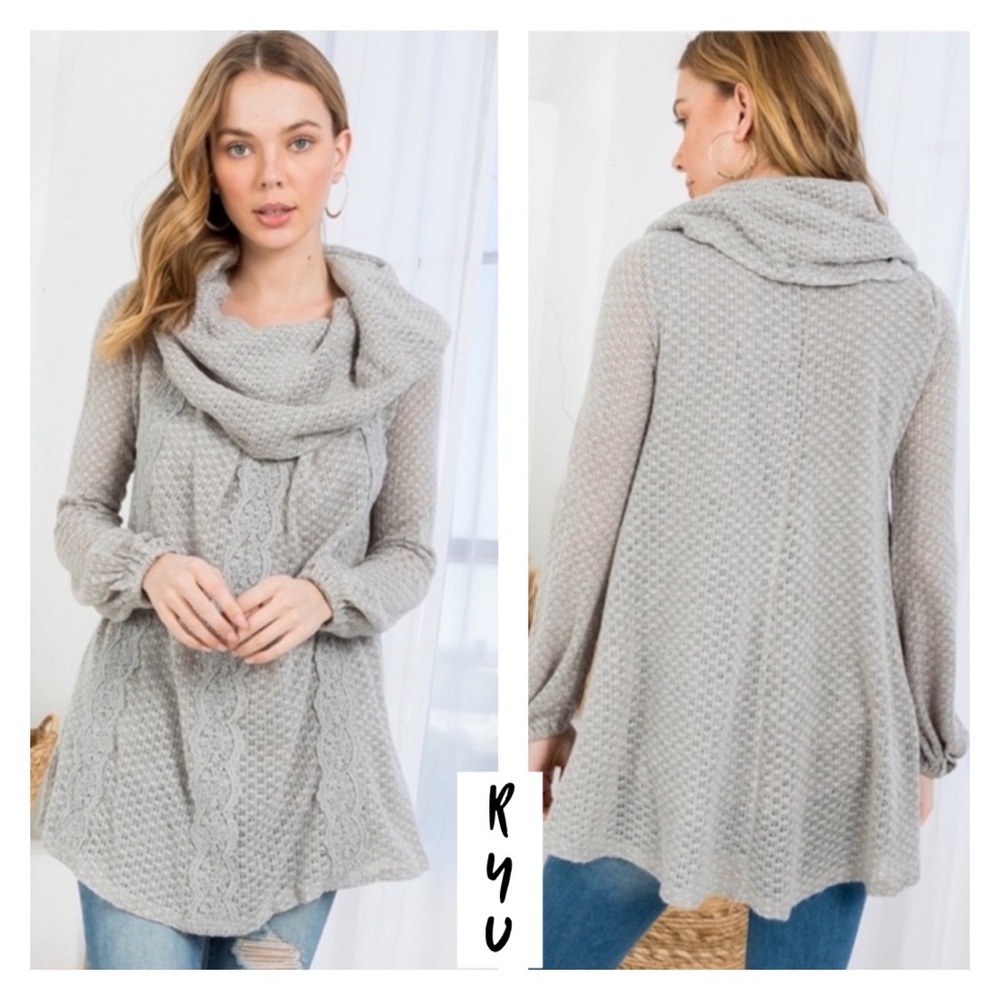 New Ryu Gray Cowl Neck Flowing Fall Sweater With Floral Design